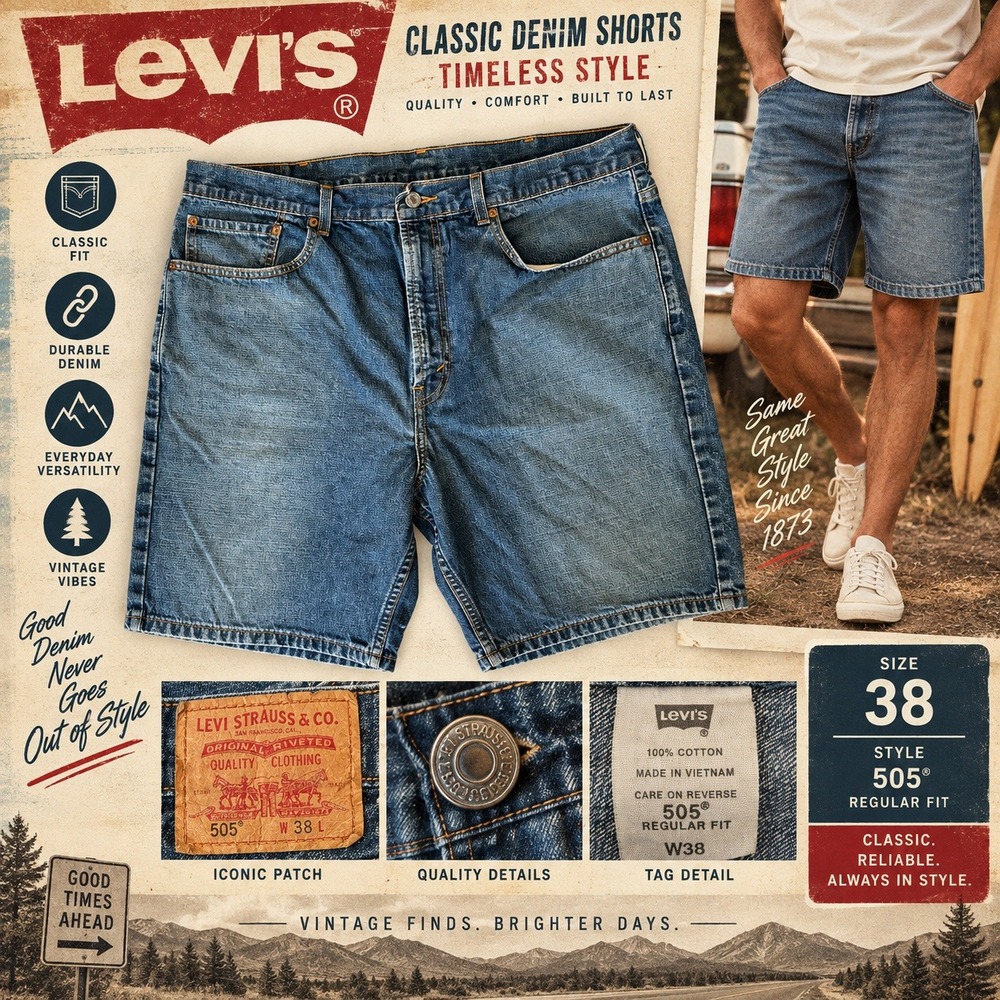 Levi's 505 Men's Denim Jean Shorts Size 38 Regular Fit Medium Wash 100% Cotton